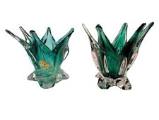 (2) Green Rossi Art Glass 6 Finger Vases 4.5