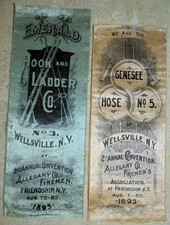159n. 2x WELLSVILLE, NY HOOK & LADDER, & HOSE CO. CONVENTION SILK RIBBONS 1895 picture
