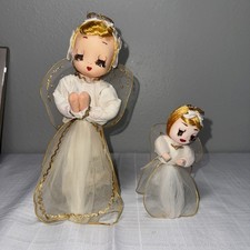 2 Vtg 50s Tulle Xmas Angel Tree Topper & Mini Standing Sleepy Diamond Tear Eyes picture