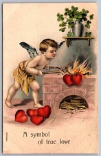 Valentines Day Postcard Cupid Making Heart Jewelry Over Fire 4 Leaf Clover J1 picture