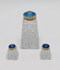 Vintage Norwegian Cut Glass Salt Pepper & Sugar Shaker Set Blue Enamel Lids picture