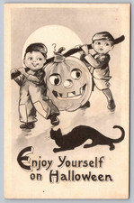 Postcard Halloween Children Carrying Large JOL on Stick S. Bergman 9029 picture
