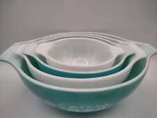 Vintage Pyrex Set of 4 Nesting Mixing Bowls Turquoise White Amish Butterprint picture