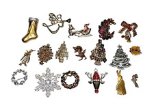 Lot of 18 Vintage Christmas Holiday Brooch Pins Rhinestone Enamel Gold Tone picture