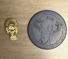 Vintage B.P.O.E. Elks Lodge Lapel Pin & Blue ELK Poker Chip Token picture