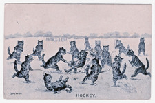 Louis Wain Art Signed Cat HOCKEY Anthropomorphic Sports Hartmann Emboss Postcard picture