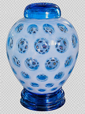Vintage Fenton Blue Opalescent Coin Dot Ginger Jar with Lid & Pedestal Stand picture
