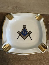 Vintage Masonic Ashtray Ceramic Freemason Square & Compass “G” Gold Trim 5.5” picture