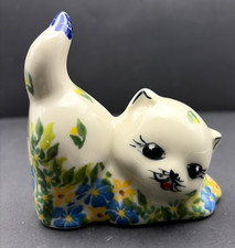 Kalich Polish Pottery Cat Figurine Flower Florals picture