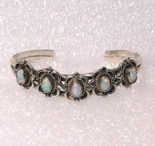 Vintage Running Bear RB Sterling Silver Lab Created Opal Cuff Bracelet READ picture