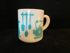 Vintage Hazel Atlas Platonite Milk Glass Turquoise Kitchen Aids Coffee Cup- Nice picture