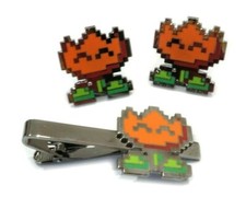 Super Mario World SNES Fire Flower Power Tie Bar Clip Cufflink Cuff Links Set picture