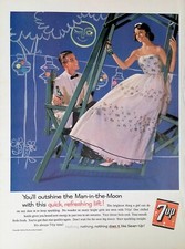 Vintage Print Ad 1960's 7-Up Beautiful Girl Pink Gown Man Tuxedo Moonlit Swing picture