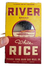 Vintage 1940s–50s River Brand White Rice Empty Box Paddlewheel Steamboat Graphic picture
