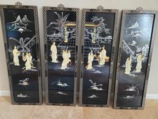 Vintage Asian Black Lacquer Panels – Mother of Pearl Inlay  Set of 4 (36” x 12”) picture