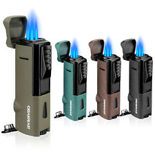 Triple Jet Flame Butane Cigar Torch Lighter with Punch Stand Refillable Windproo picture