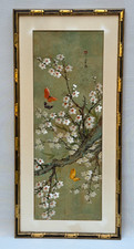VINTAGE ASIAN CHINESE PAINTING BUTTERFLIES AMONG CHERRY BLOSSOMS LARGE FRAMED  picture