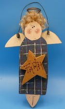 Vintage Primitive Wooden Angel Ornament Faith Star Blue Plaid Country Folk Art picture