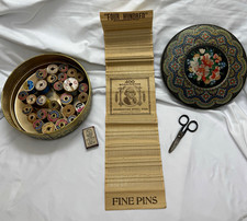 Vintage Sewing Lot:Steel Pins Roll, Torrington Needles, Scissors, & Floral Tin picture