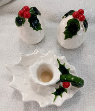 Vtg Pair Lefton White Holly Berry Salt Pepper AND Candle Holder Christmas VGC picture