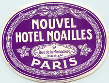 Nouvel Hotel Noailles ~PARIS - FRANCE~ Beautiful & Large Luggage Label, c 1920 picture