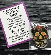 Enameled Black Spooky Skull Charm 1.25” Day Of The Dead Halloween Talisman picture