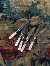 Antique MOTHER OF PEARL STERLING SILVER 'M' MONOGRAMMED BUTTER KNIFE SET OF 5 picture