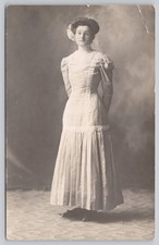 Real Photo RPPC Woman in White Dress Full Length Studio Portrait Postcard picture