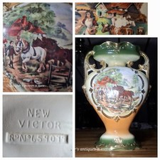 ANTIQUE VINTAGE NEW VICTOR GILDED TRANSFER SCENIC CERAMIC PORCELAIN URN VASE picture