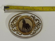 Classic Oval White & Gold Tone Galloping Horse Belt Buckle Made in USA picture