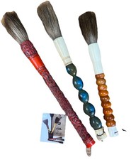 23 VINTAGE CHINESE CALLIGRAPHY BRUSHES CARVED HANDLE HORSE HAIR / 17” and 13” picture