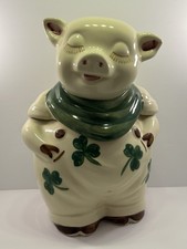 Vintage 1940s Shawnee Pottery Smiley Pig Shamrock Cookie Jar USA - MCM Kitsch picture