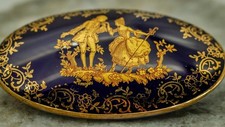 Vintage Limoges France Cobalt Blue Gold Courting Couple Oval Trinket Box picture