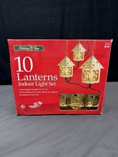 Vtg 90s HOLIDAY TIME 10 Gold Tone Christmas Lantern String Lights Indoor, Boxed picture