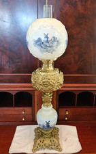 Stunning Antique GWTW Victorian Hand-Painted Delft Brass Ceramic Oil Lamp 30