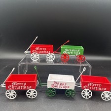 5 vintage Midwest miniature Christmas red & white Green wagon ornaments picture