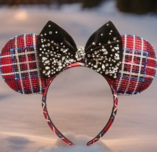 Disney x BaubleBar Christmas Jeweled Plaid Minnie Mouse Ears Headband BNWT picture