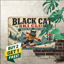 Black Cat Skiing Winter Sports Metal Sign Cute Feline Cabin Chalet Wall Plaque picture