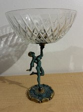 9” Vintage Israel Judaism Brass Metal Dancer Holding Glass Candy Nut Dish Bowl picture