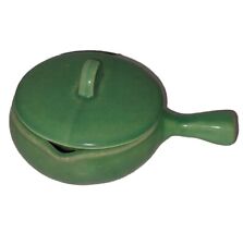 Green Pottery Covered Casserole Dish Stick Handle Vintage Kitchenware - Read picture