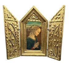VTG Filippo Lippi Madonna Gold 5.5” Tri Fold Hinged Frame Italy Wall Florentine picture