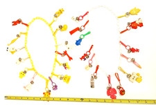 Vintage 80s Bell Charm Necklaces Lot w/ 27 Plastic Clip Charms 2 Chains Retro picture