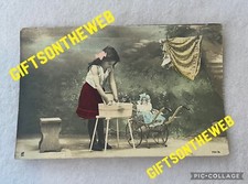 Antique RPPC Photo Postcard Photograph Girl with Bisque Doll washing Clothes picture