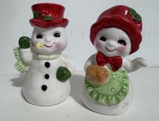 VTG Mr. & Mrs. Snowman Couple Anthropomorphic Salt Pepper Shakers MCM Japan 3.5” picture
