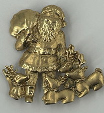 Vintage AJC Santa Clause Reindeers Gold Tone Brooch Christmas Holiday picture