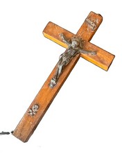 Vintage French Wood Crucifix Brass Corpus Religious Cross Whimsigoth Decor picture