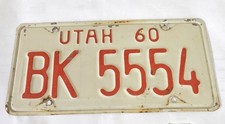 Utah 1960 License Plate BK 5554 - White Red - Repeating 555 Vintage 60's -... picture