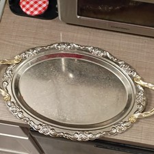 Silver Plate Oval Serving Tray, Ornate Rim, Gold Tone Handles, Floral Engraved picture