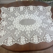 Vintage Filet Crochet Lace Table Topper Rose Floral Ivory Scalloped 31x39 Cotton picture