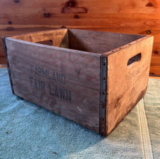 Dunning Farmland Fair Lawn Wooden Box Shipping Milk Crate Metal Straps VTG picture